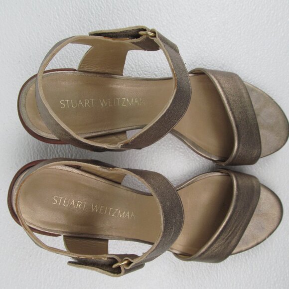 Stuart Weitzman Broadband Sandal Block Heel Gold Metallic size 8 M - Picture 7 of 9